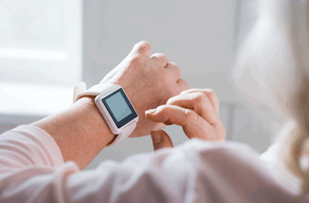 Closeup of older adult using white fall detection smartwatch indoors with natural light in background