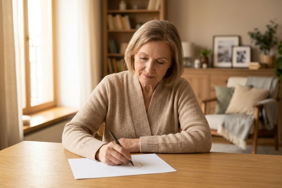 Older adult writing on a sheet of paper at a wooden table in a living room, focused.