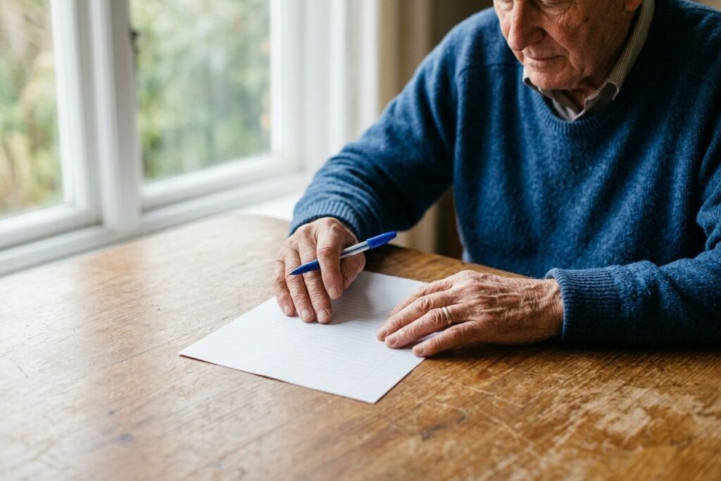 Older adult in a blue sweater holding a pen over blank lined paper at a wooden table by a window.