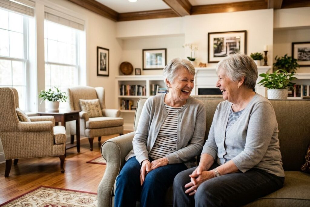 Two older adults sit together on a sofa, laughing, in a bright living room with armchairs and bookshelves.