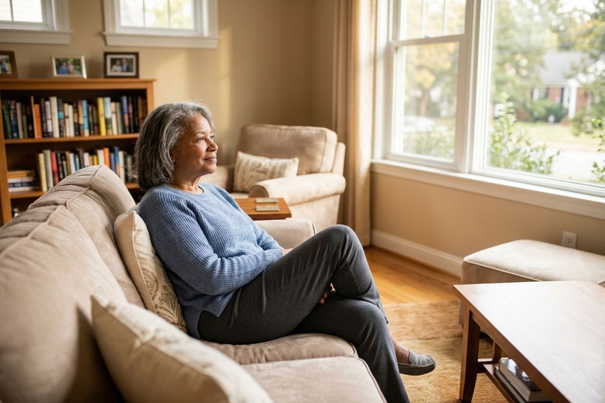 Older adult in a blue sweater sits on a sofa, smiling and looking out a sunlit window in a living room with a bookshelf.