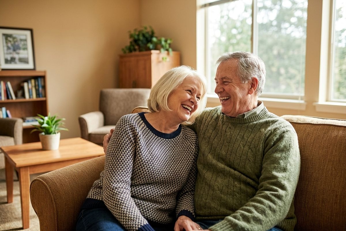 Two older adults on a couch, laughing together in a sunlit living room.
