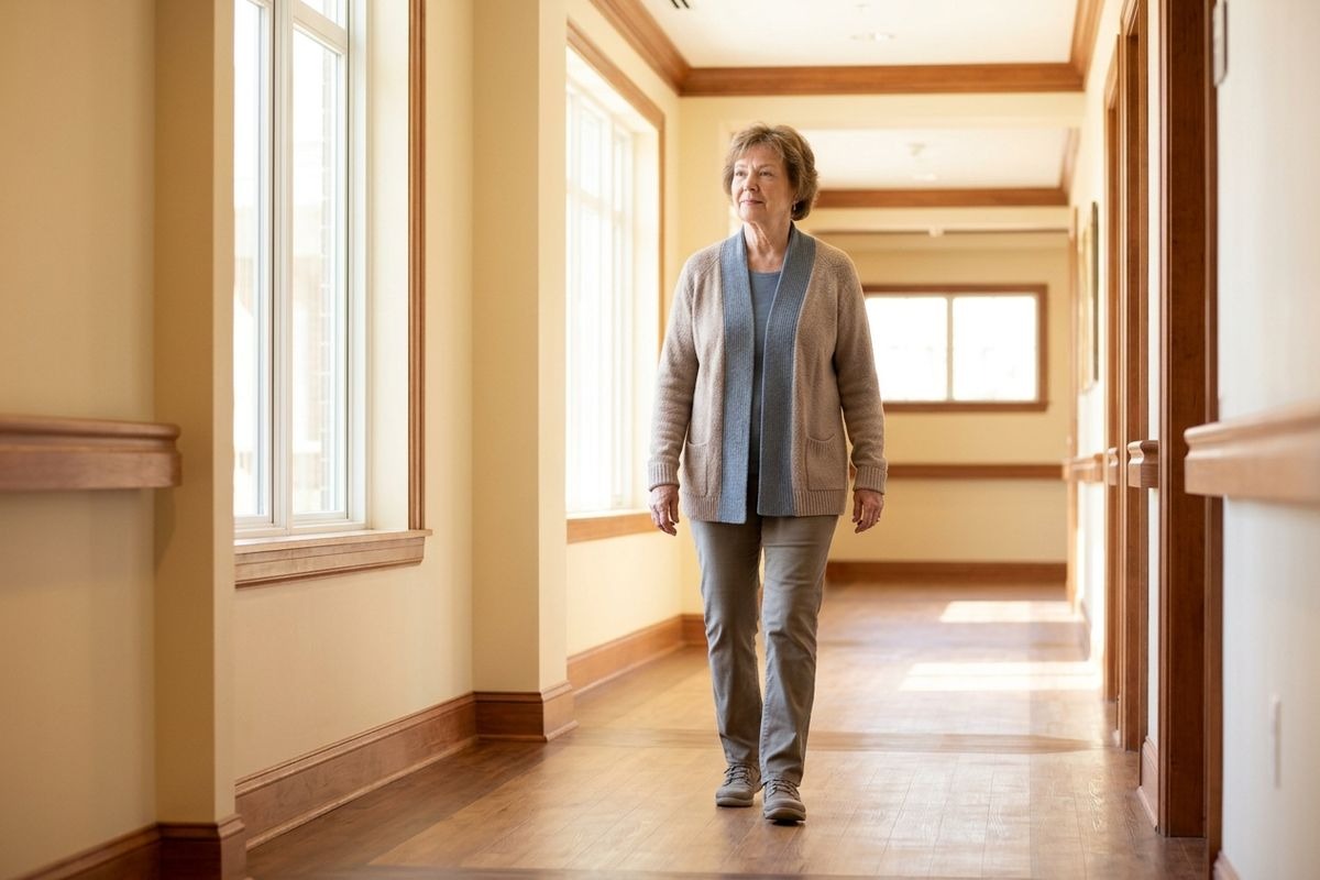 Older adult walks down a sunlit hallway with windows and wood trim.