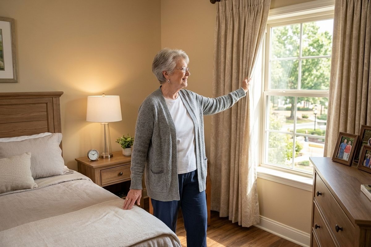 An older adult smiles while pulling back a curtain to look out a bedroom window.
