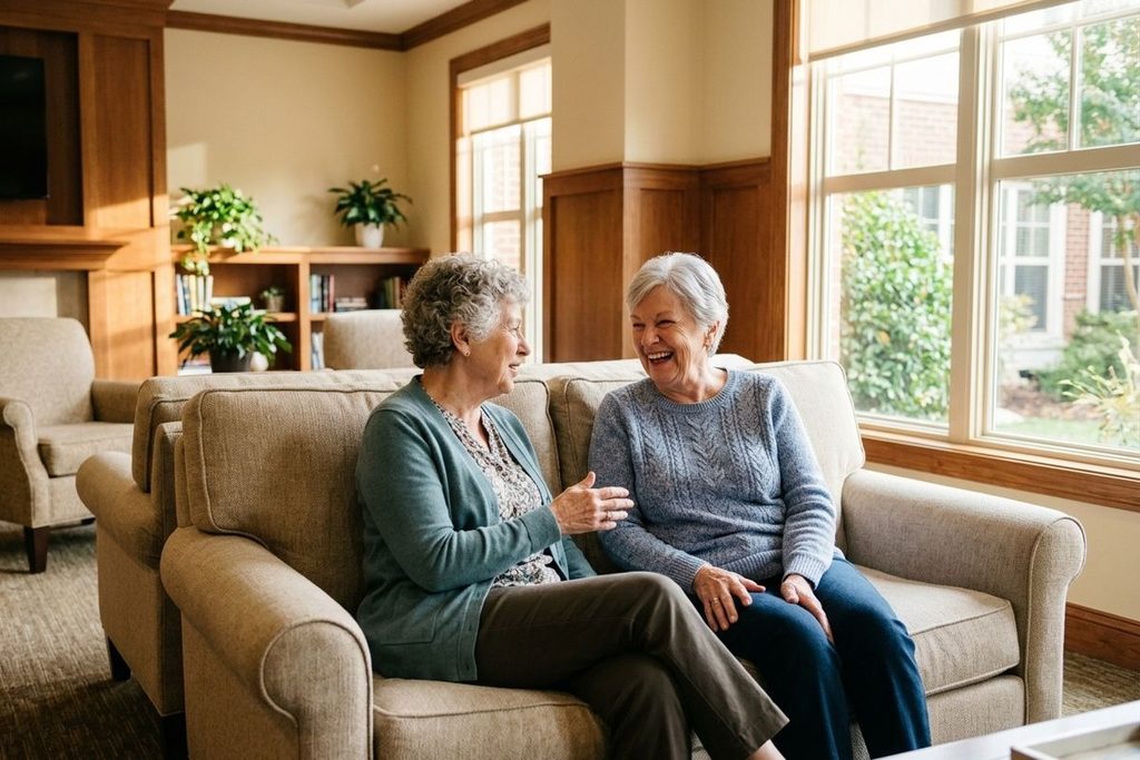 Two older adults sit on a sofa talking and laughing together in a sunlit living room.