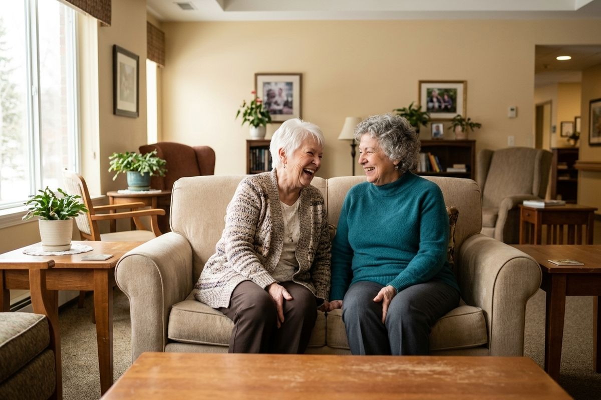 Two older adults sit together on a sofa, laughing as they face each other in a cozy living room.