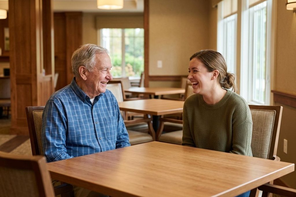 An older adult and younger adult sit at a wooden table, laughing together in a bright room.